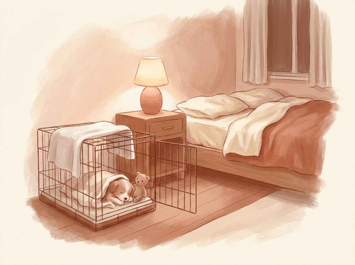 Cage d'intérieur ouverte près d'un lit dans une chambre la nuit, lumière douce d'une lampe de chevet, couverture moelleuse — illustration éditoriale gouache