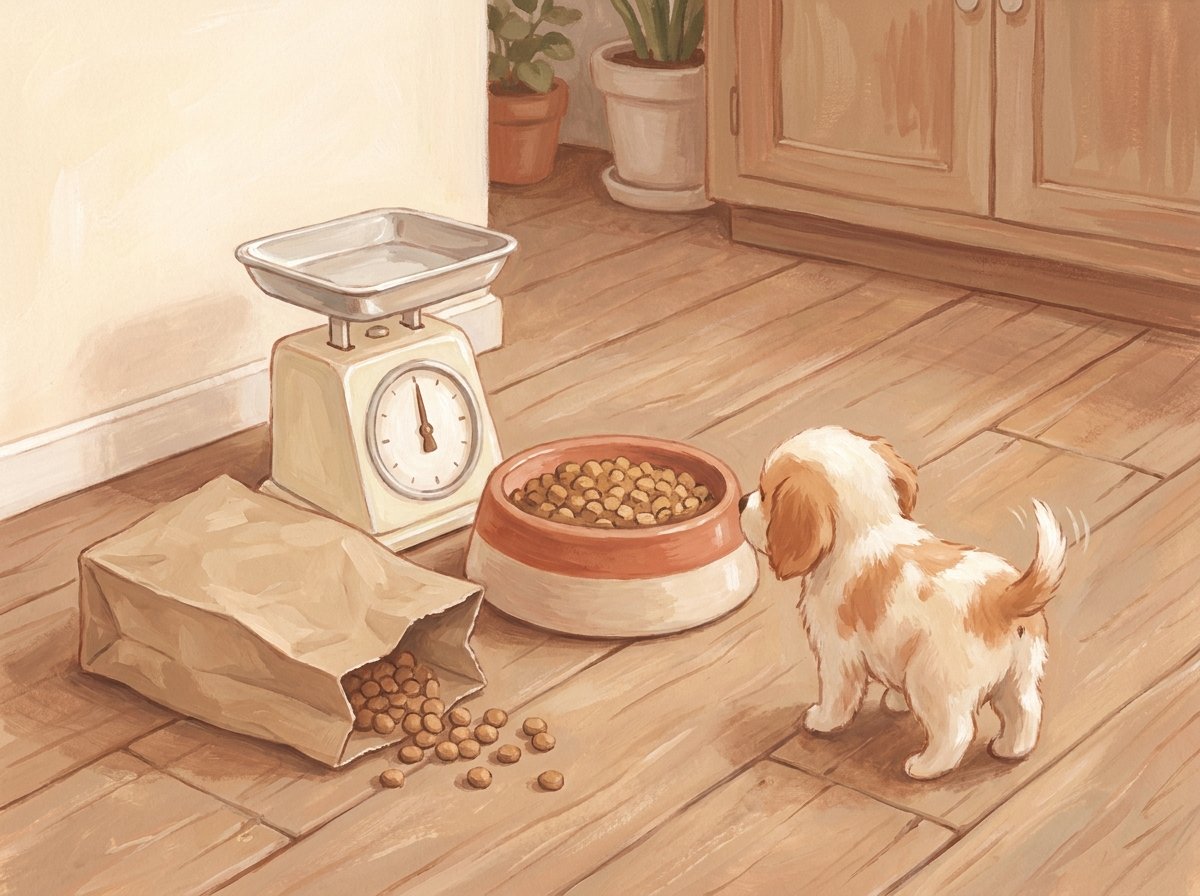 Une gamelle de croquettes posée à côté d'un sac en papier kraft et d'une balance de cuisine, illustration éditoriale gouache aux tons crème et terracotta