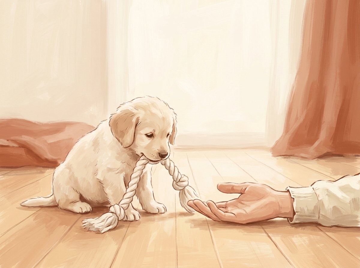 Illustration éditoriale gouache d'un chiot tenant doucement un jouet en corde près d'une main ouverte, palette crème et terracotta
