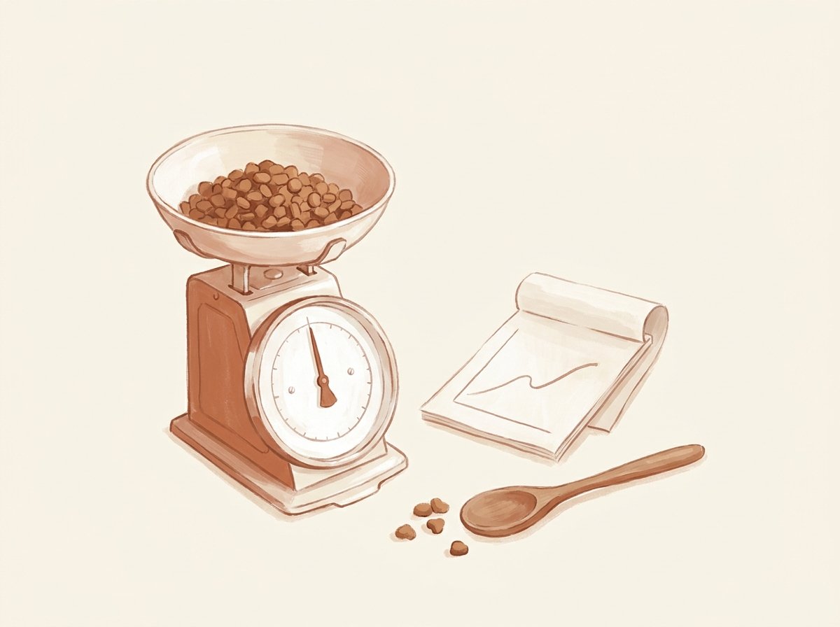 Illustration éditoriale gouache d'une balance de cuisine, d'une gamelle de croquettes et d'un carnet de courbe de poids, palette crème et terracotta