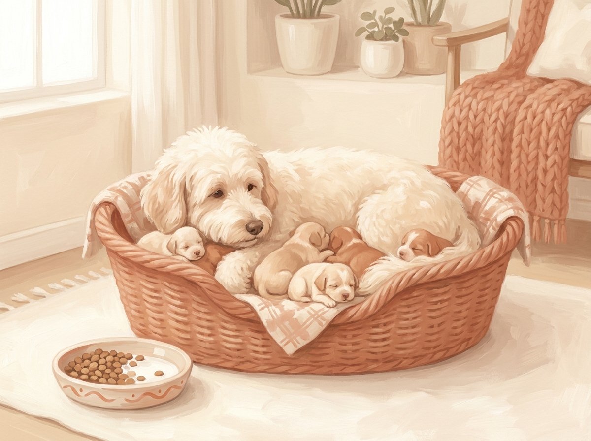 Une chienne entourée de ses chiots blottis dans un panier douillet près d'une gamelle, illustration éditoriale gouache aux tons crème et terracotta