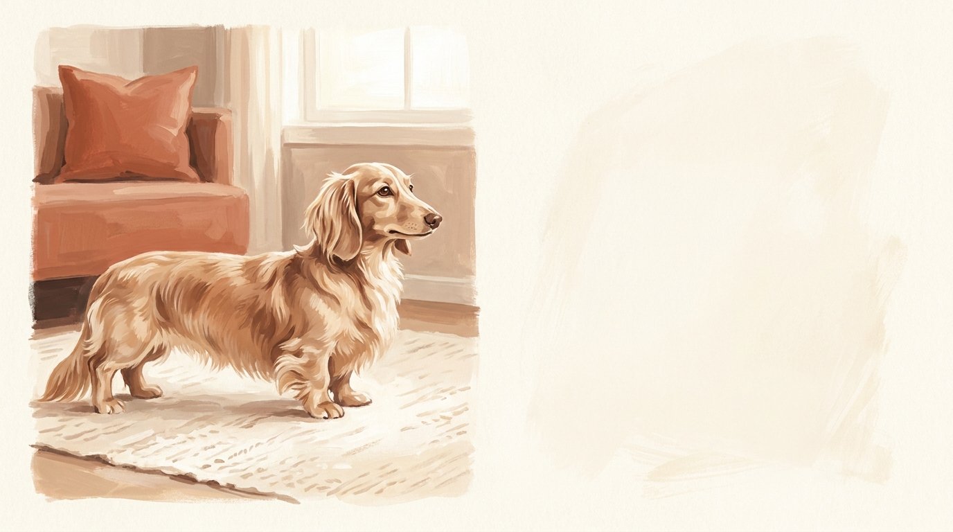 Milou, jeune teckel à poil long beige et blanc dans l'herbe au printemps, entouré de fleurs jaunes