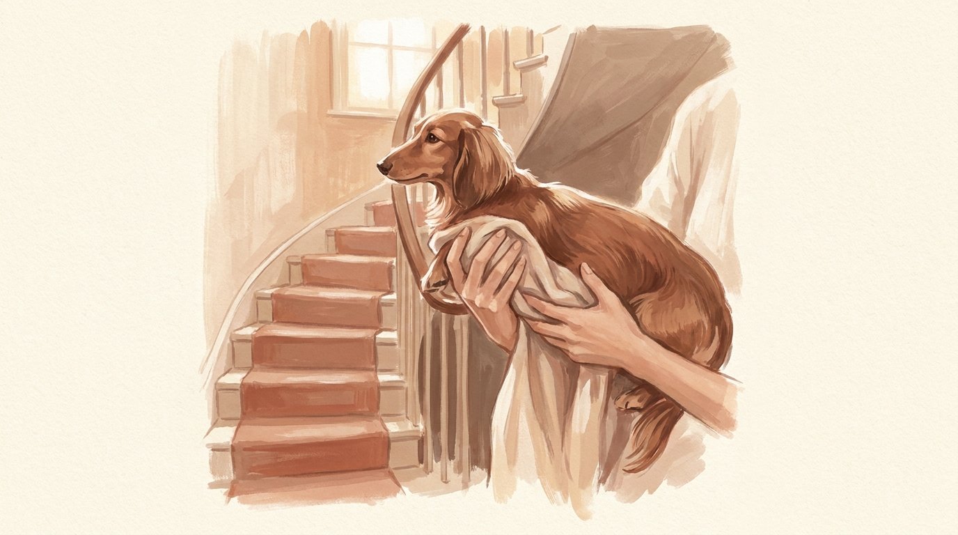 Protection du dos du teckel : porter le chien dans les escaliers plutôt que de le laisser sauter ou grimper