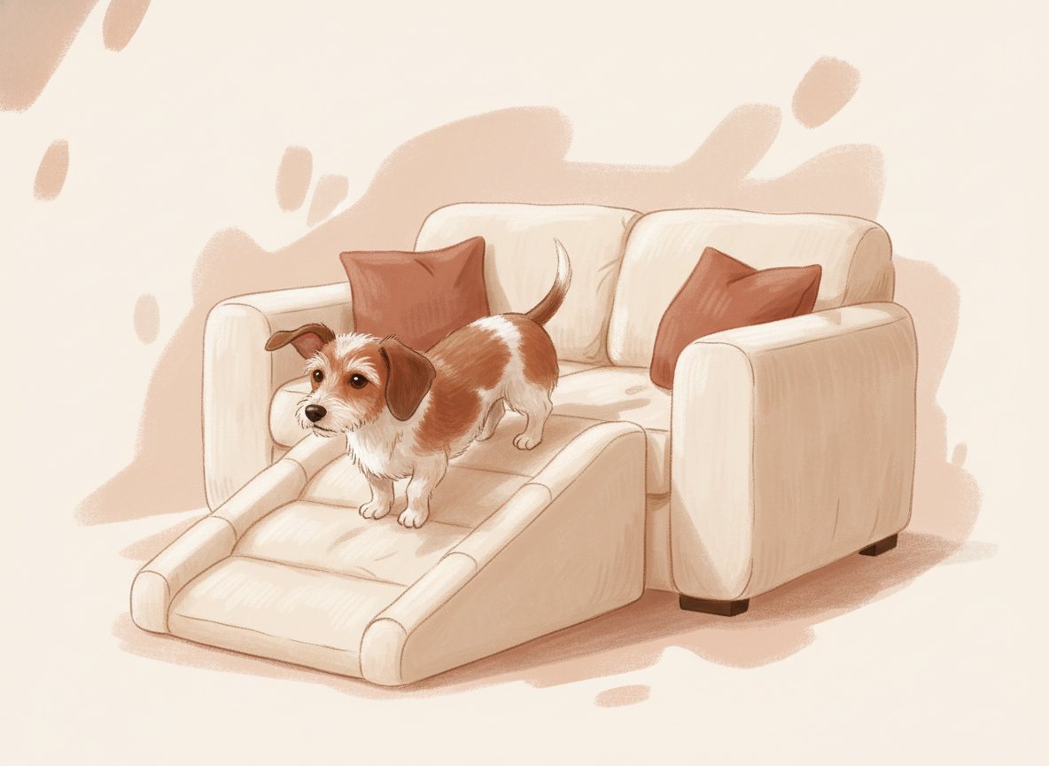 Illustration éditoriale gouache d'un petit chien au corps long et bas montant une rampe douce vers un canapé, palette crème et terracotta