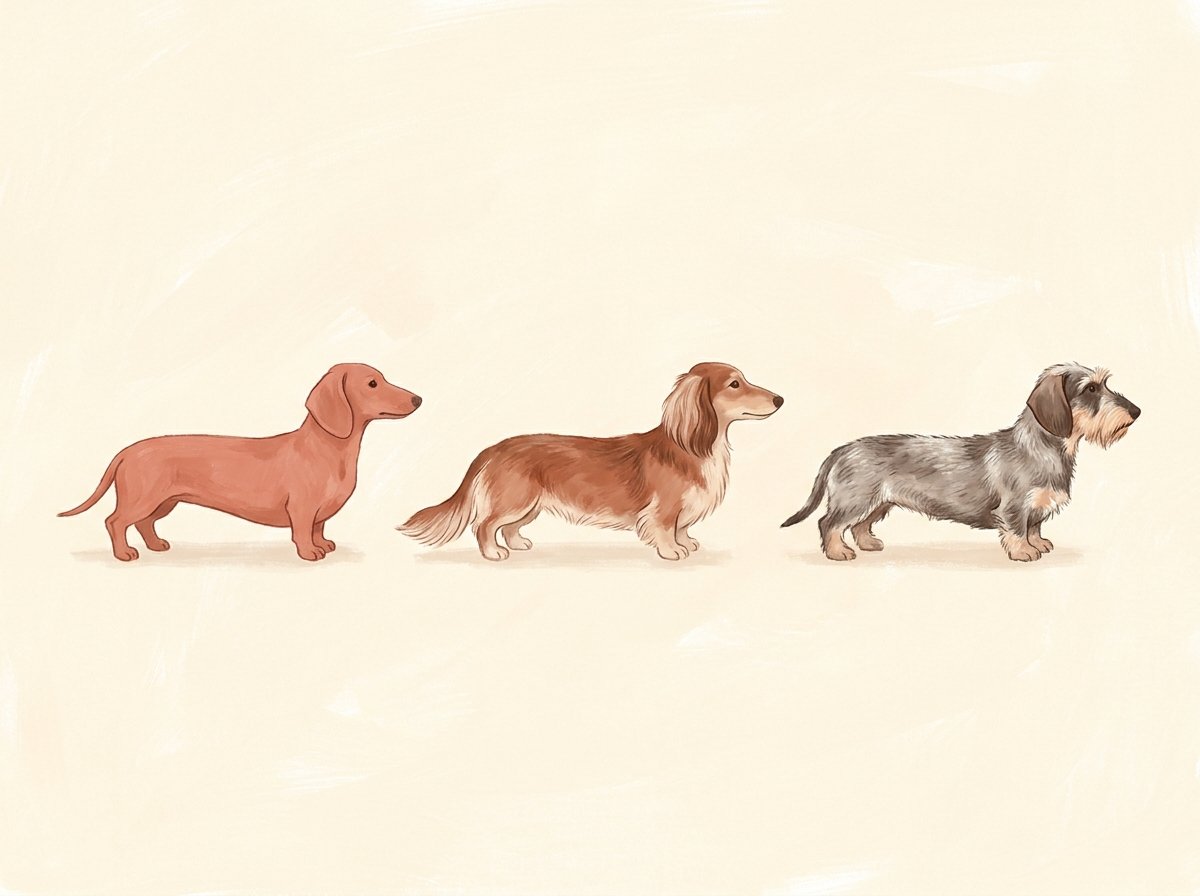 Illustration éditoriale gouache de plusieurs teckels de variétés différentes alignés en profil sur fond crème et terracotta