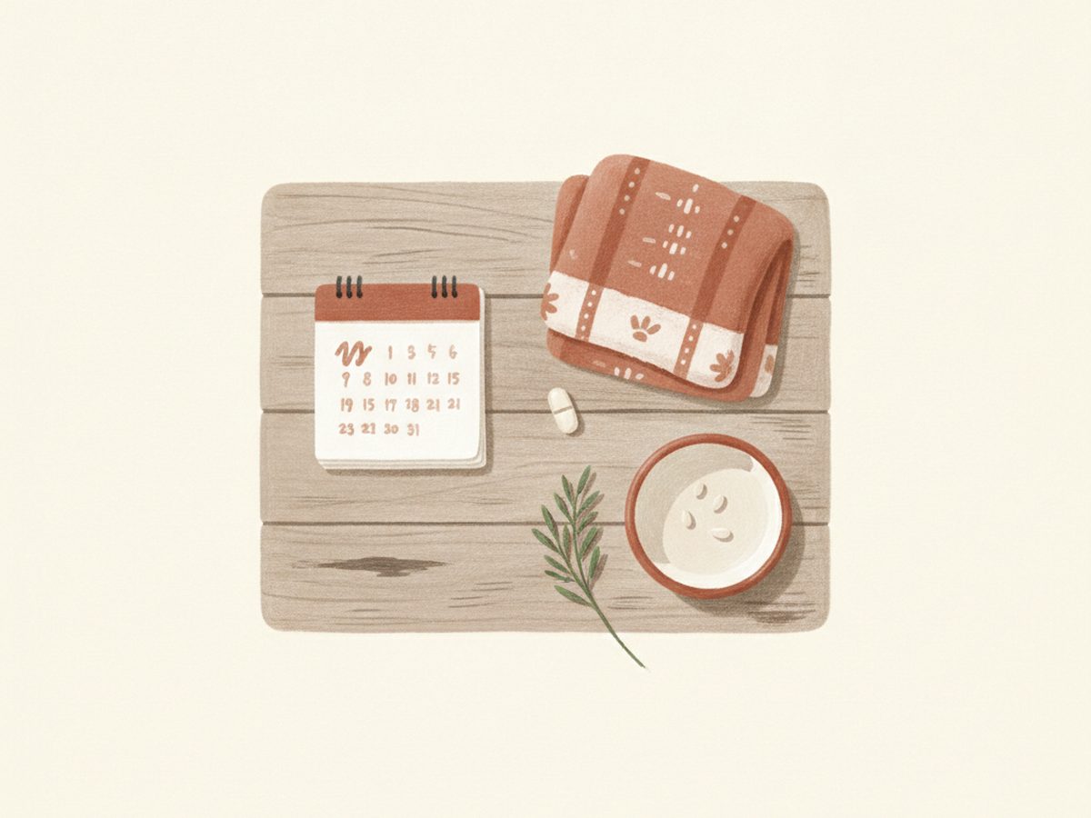 Illustration éditoriale gouache d'un calendrier mural, d'un comprimé, d'une couverture pliée et d'une gamelle d'eau sur une table en bois, palette crème et terracotta